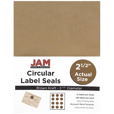 JAM Paper® Round Circle Label Sticker Seals, 2.5 inch diameter, Brown Kraft, 120/pack (2147618897)