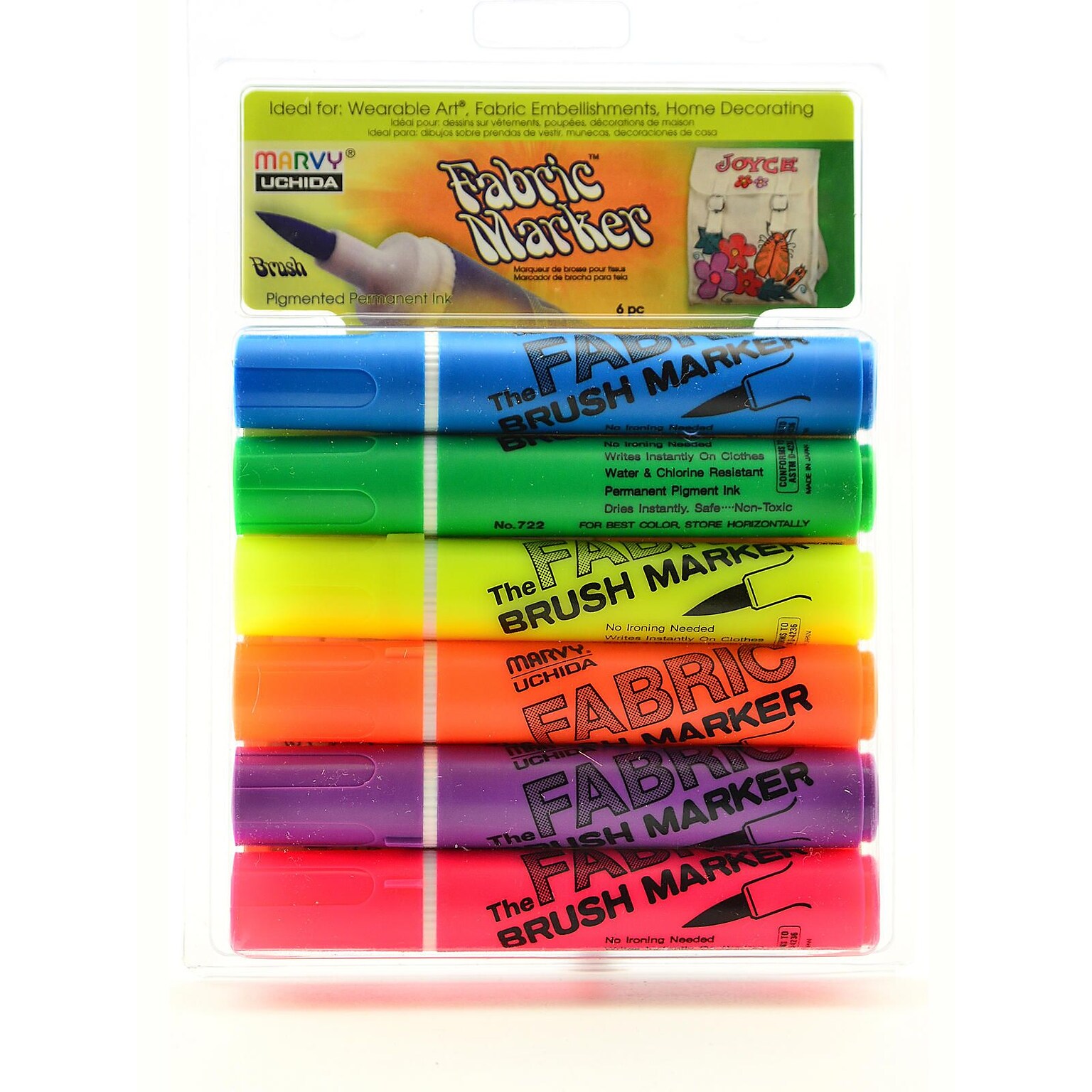 Marvy Uchida Fabric Markers, Brush Tip, Fluorescent, 6/Pack (80543)