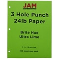 JAM Paper 8.5 x 11 3 Hole Punch Multipurpose Paper, 24 lbs., Ultra Lime Green, 100 Sheets/Pack (35