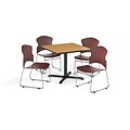 OFM 42 Square Laminate MultiPurpose X-Series Table w/Four Chairs, Oak/Wine Chair (PKG-BRK-036-0015)