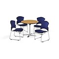 OFM 42 Round Laminate MultiPurpose FlipTop Table w/4 Chairs, Oak Table/Navy Chairs (PKGBRK0390015)