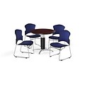 OFM 42 Round Laminate MultiPurpose MeshBase Table w/4 Chairs, Mahogany/Navy Chairs (PKGBRK0470011)