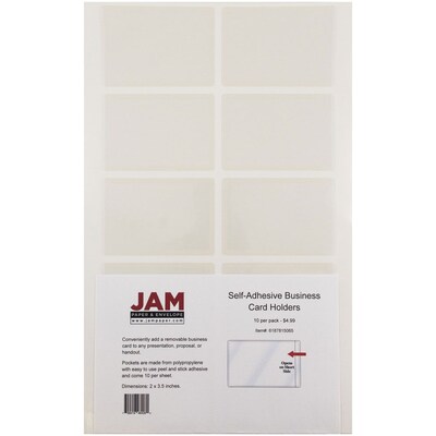 JAM Paper® Self-Adhesive Business Card Holders, 2 x 3 1/2, Clear, 50 Label Pockets/Pack (6187815065C