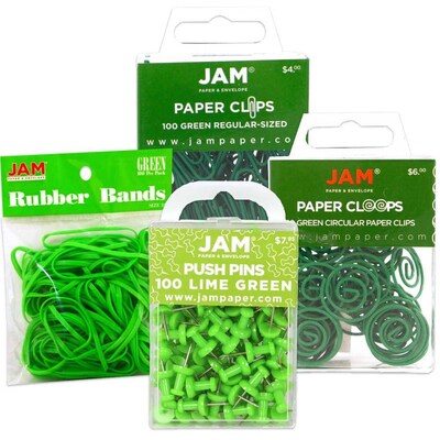 JAM Paper® Office Supply Assortment, Green, 1 Rubber Bands, 1 Push Pins, 1 Paper Clips & 1 Round Paper Cloops (3224GROASRT)