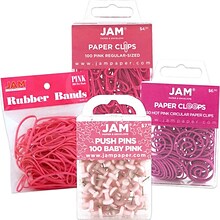 JAM Paper® Office Supply Assortment, Pink, 1 Rubber Bands, 1 Push Pins, 1 Paper Clips & 1 Round Pape