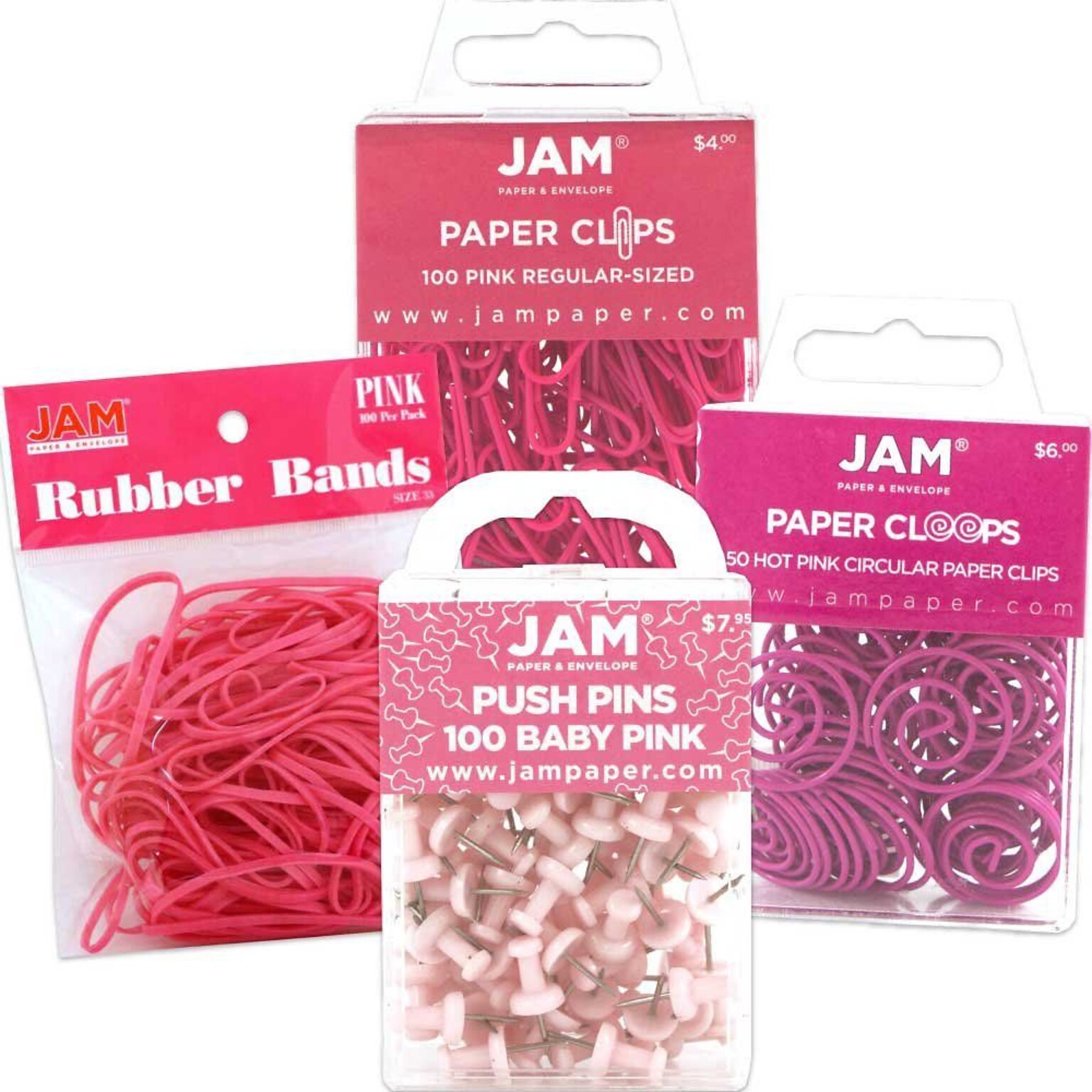 JAM Paper® Office Supply Assortment, Pink, 1 Rubber Bands, 1 Push Pins, 1 Paper Clips & 1 Round Paper Cloops (3224PIOASRT)