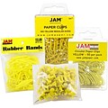 JAM Paper® Office Supply Assortment, Yellow, 1 Rubber Bands, 1 Push Pins, 1 Paper Clips & 1 Round Paper Cloops (3224YEOASRT)