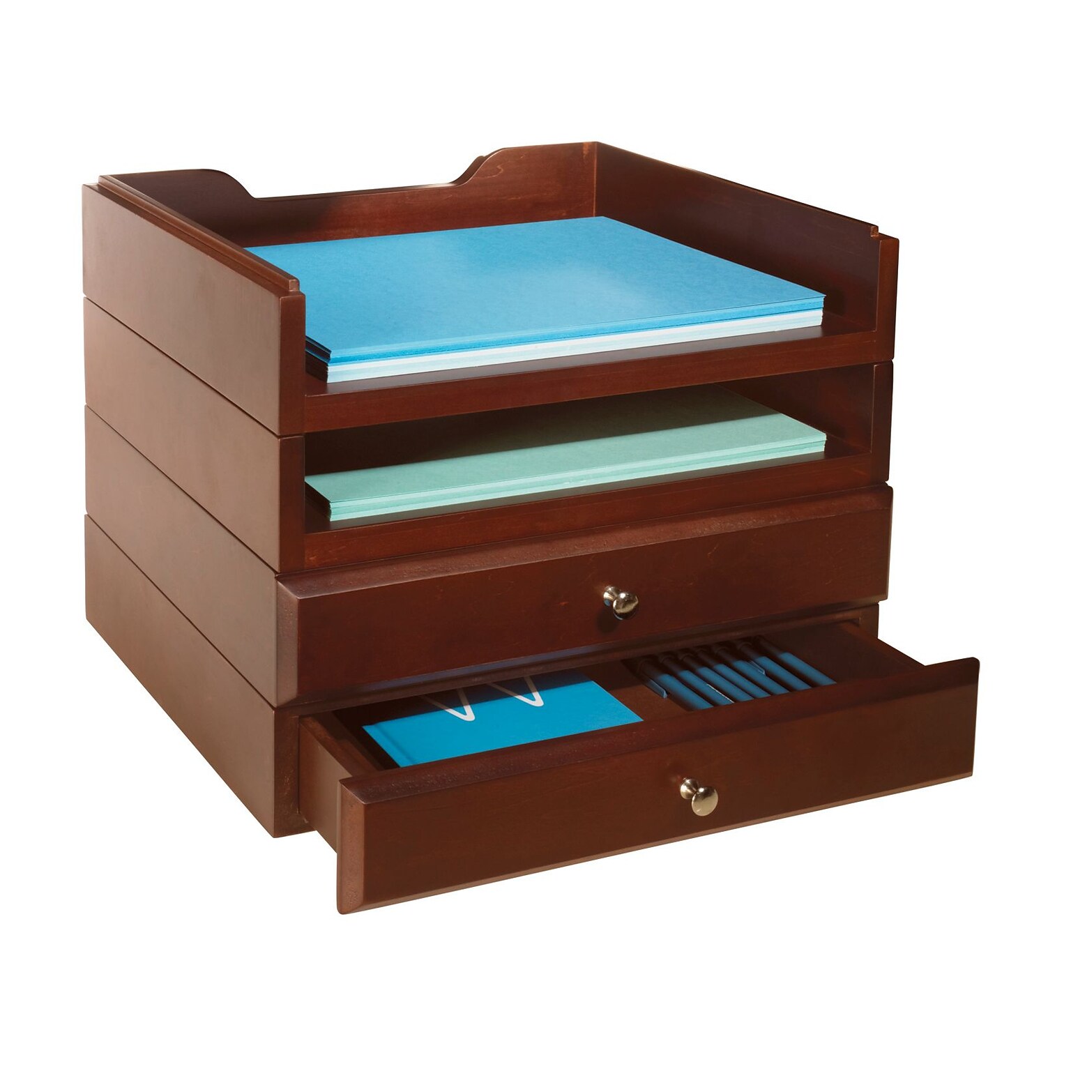 Bindertek Stackable Wood Desk Stackable 2 letter Tray & 2 Drawer Kit, Mahogany (WK8-MA)