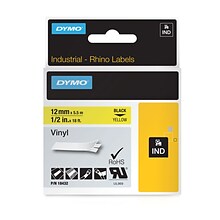 DYMO Rhino Industrial 18432 Vinyl Label Maker Tape, 1/2 x 18, Black on Yellow (18432)