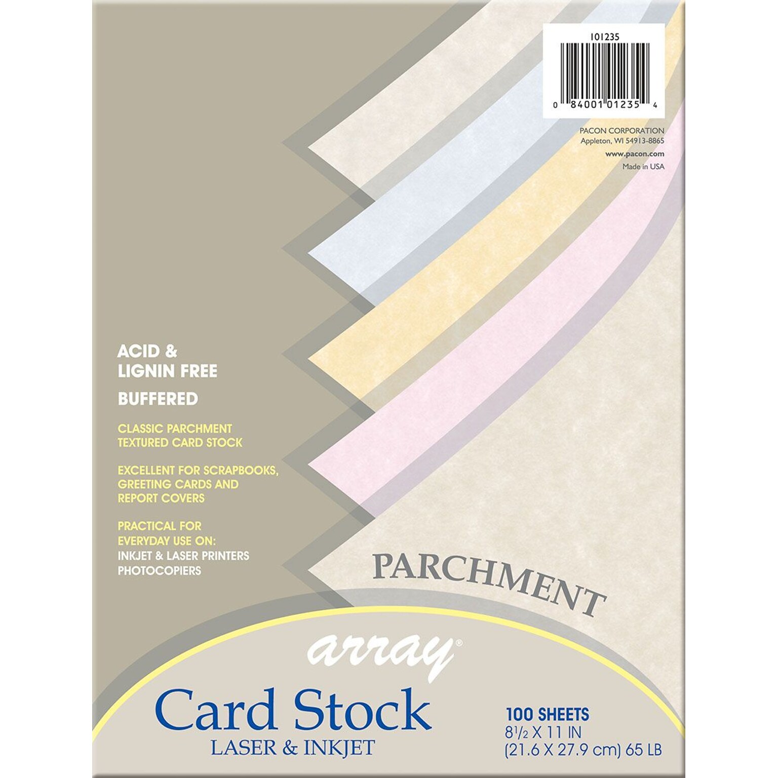 Array 65 lb. Cardstock Paper, 8.5 x 11, Assorted Colors, 100 Sheets/Pack (101235)