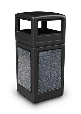 Commercial Zone Products StoneTec 42 Gallon Square Trash Receptacle with Dome Lid, Black with Pepperstone Panels (72041399)