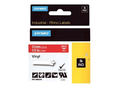 DYMO Rhino Industrial 1805416 Vinyl Label Maker Tape, 1/2 x 18, White on Red (1805416)