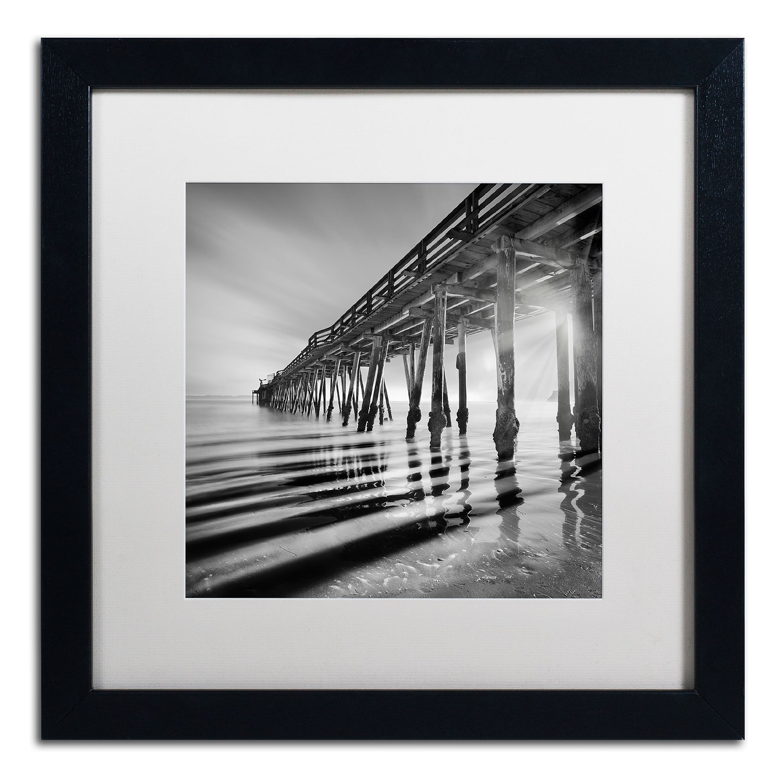 Trademark Fine Art Pier and Shadows by Moises Levy 16 x 16 White Matted Black Frame (ALI1119-B1616MF)