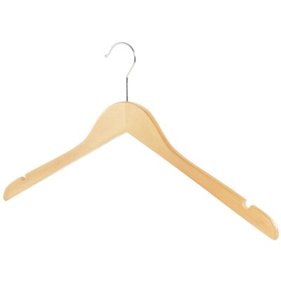 NAHANCO 17" Wood Flat Dress Hanger With Notches, Chrome Hook, Natural, 100/Pack