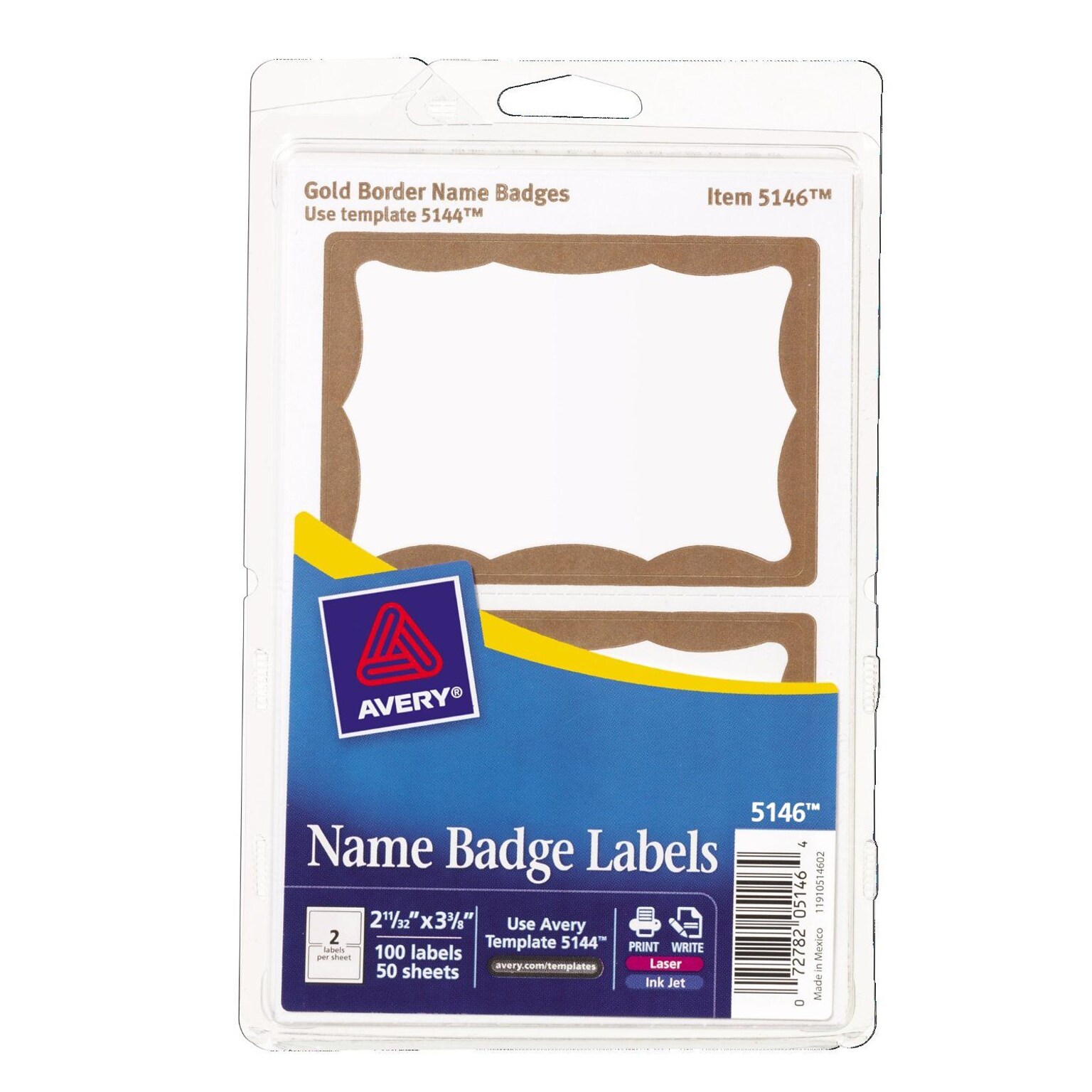 Avery® Print or Write Name Tags, Gold Border, 2-11/32 x 3-3/8, 100/Pack
