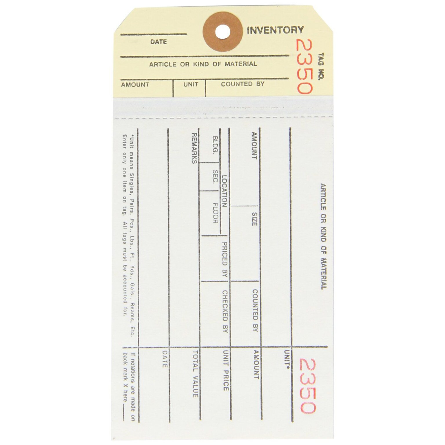 Quill Brand® - 6 1/4 x 3 1/8 - (2000-2499) Inventory Tag 2 Part Carbonless Stub Style #8, 500/Case