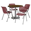 KFI 36 Round Walnut HPL Table with 4 Burgundy KOOL Chairs  (36R192SWL230P07)