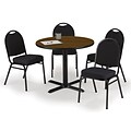 KFI 36 Round Walnut HPL Table with 4 Black Fabric Stack Chairs (36R025WLIM52BKF)