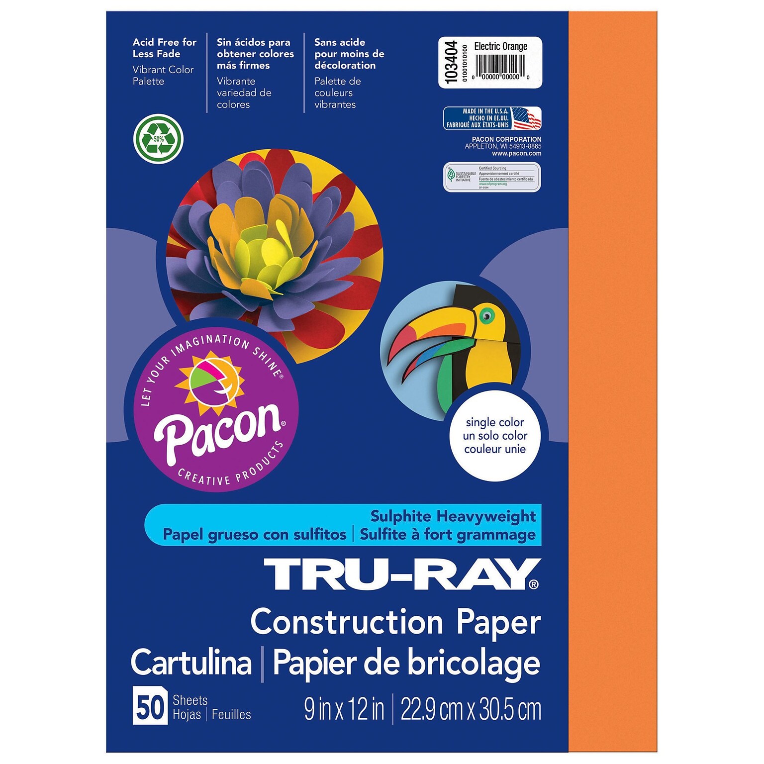 Pacon Tru-Ray 9 x 12 Construction Paper, Electric Orange, 50 Sheets/Pack, 6/Pack (PAC103404)