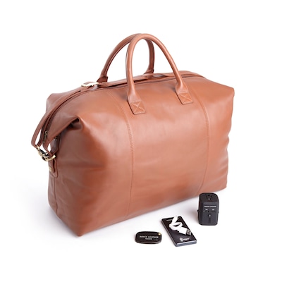 Royce Leather Leather Luxury Travel Set: Duffel Bag, Bluetooth Tracking Device, Portable Power Bank,