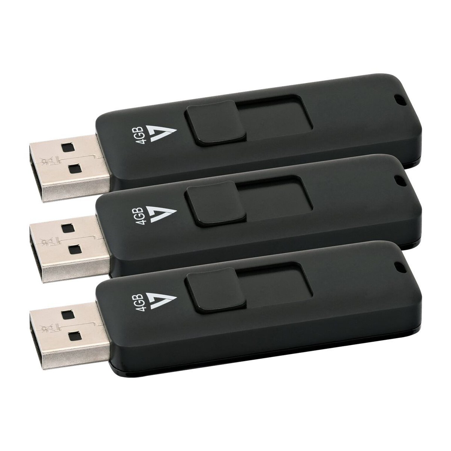 V7 4GB 10 Mbps Read/3 Mbps Write USB 2.0 Flash Drive, Black, 3/Pack (VF24GAR-3PK-3N)