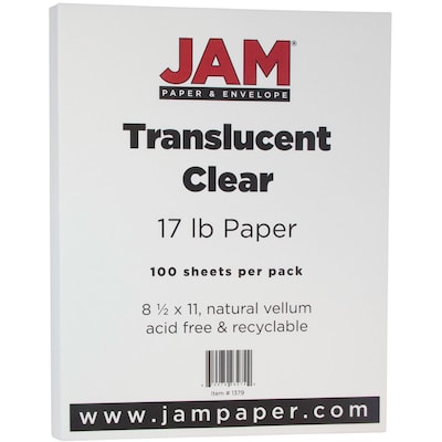 JAM Paper 8.5 x 11 Translucent Clear Vellum Paper, 17 lbs., 70 Brightness, 100 Sheets/Pack (1379)