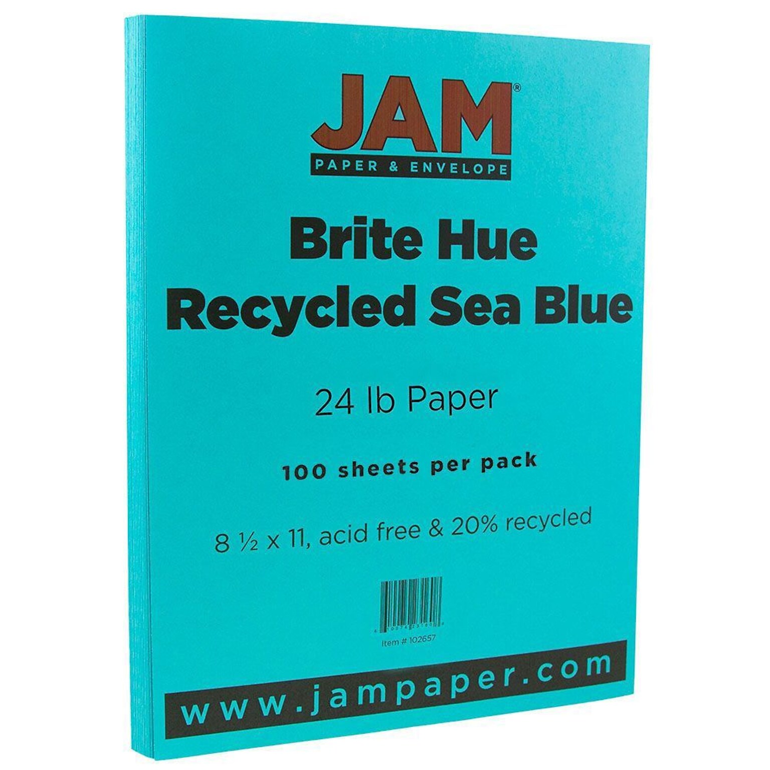 JAM Paper® Smooth Colored Paper, 24 lbs., 8.5 x 11, Sea Blue Recycled, 100 Sheets/Pack (102657)
