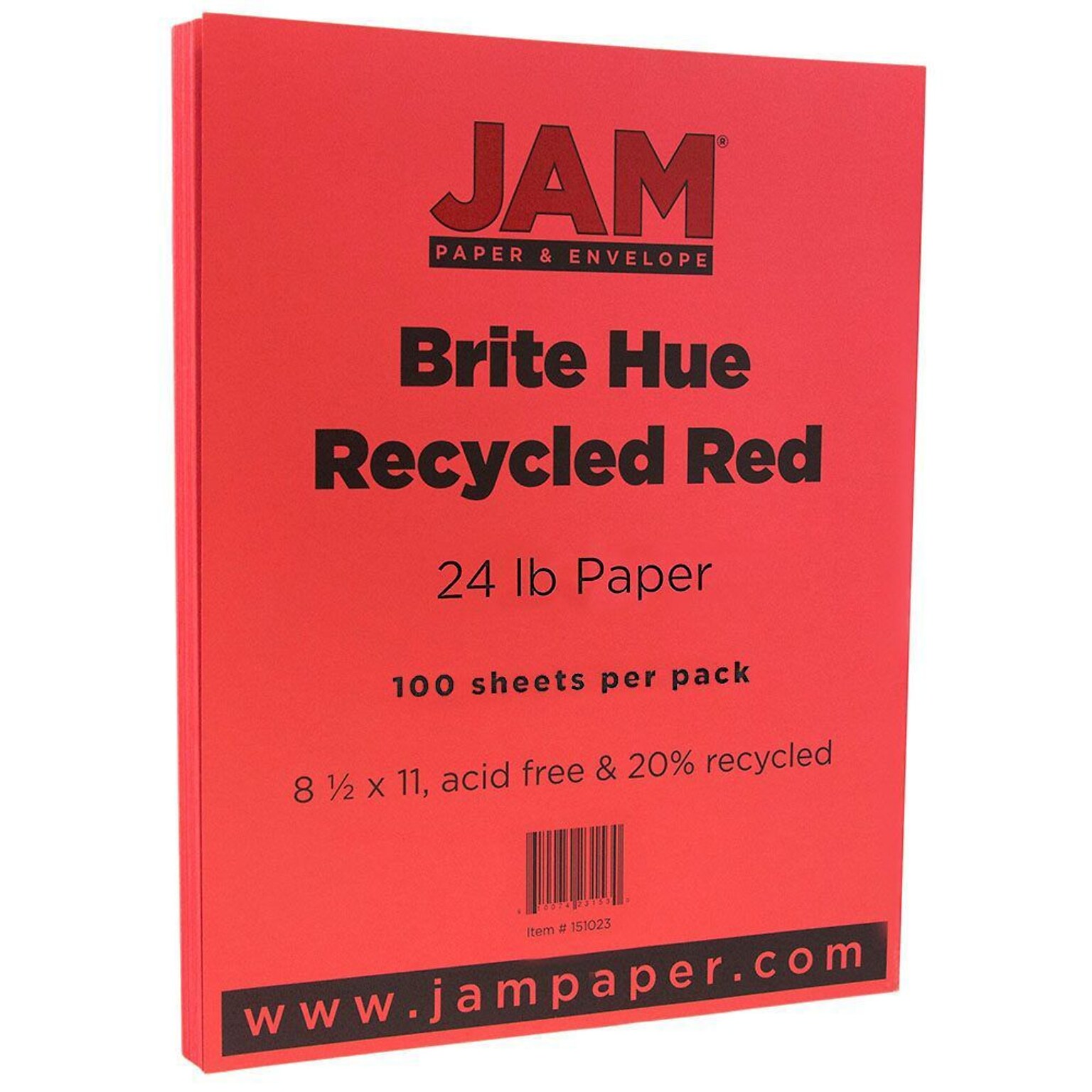 JAM Paper Smooth Colored 8.5 x 11 Copy Paper, 24 lbs., Red Recycled, 100 Sheets/Pack (151023)
