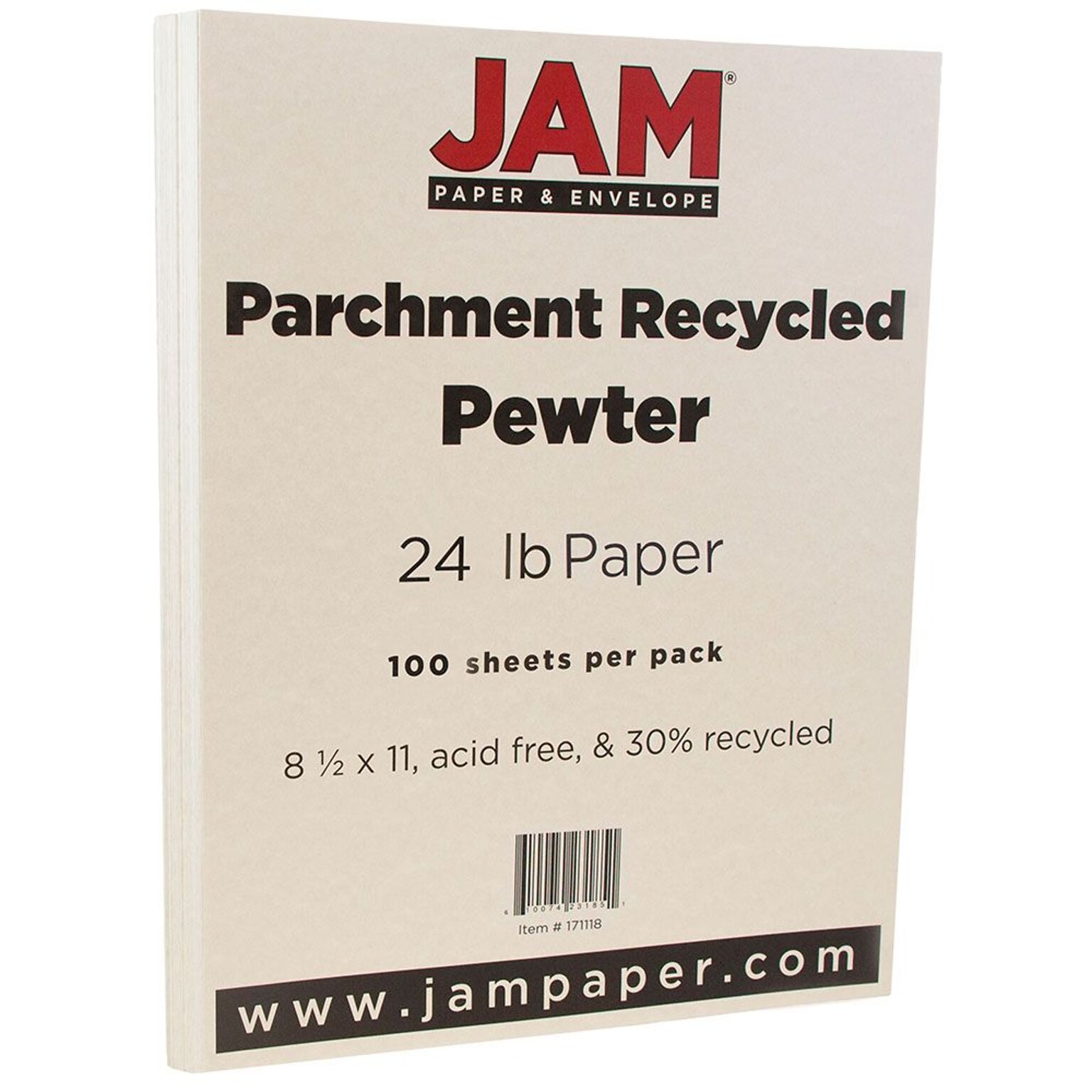 JAM Paper® Parchment Colored Paper, 24 lbs., 8.5 x 11, Pewter Gray Recycled, 100 Sheets/Pack (171118)