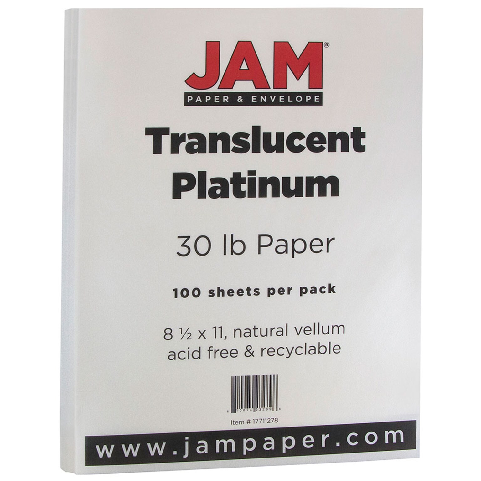 JAM Paper® Translucent Vellum 30lb Paper, 8.5 x 11, Platinum Silver, 100 Sheets/Pack (17711278)