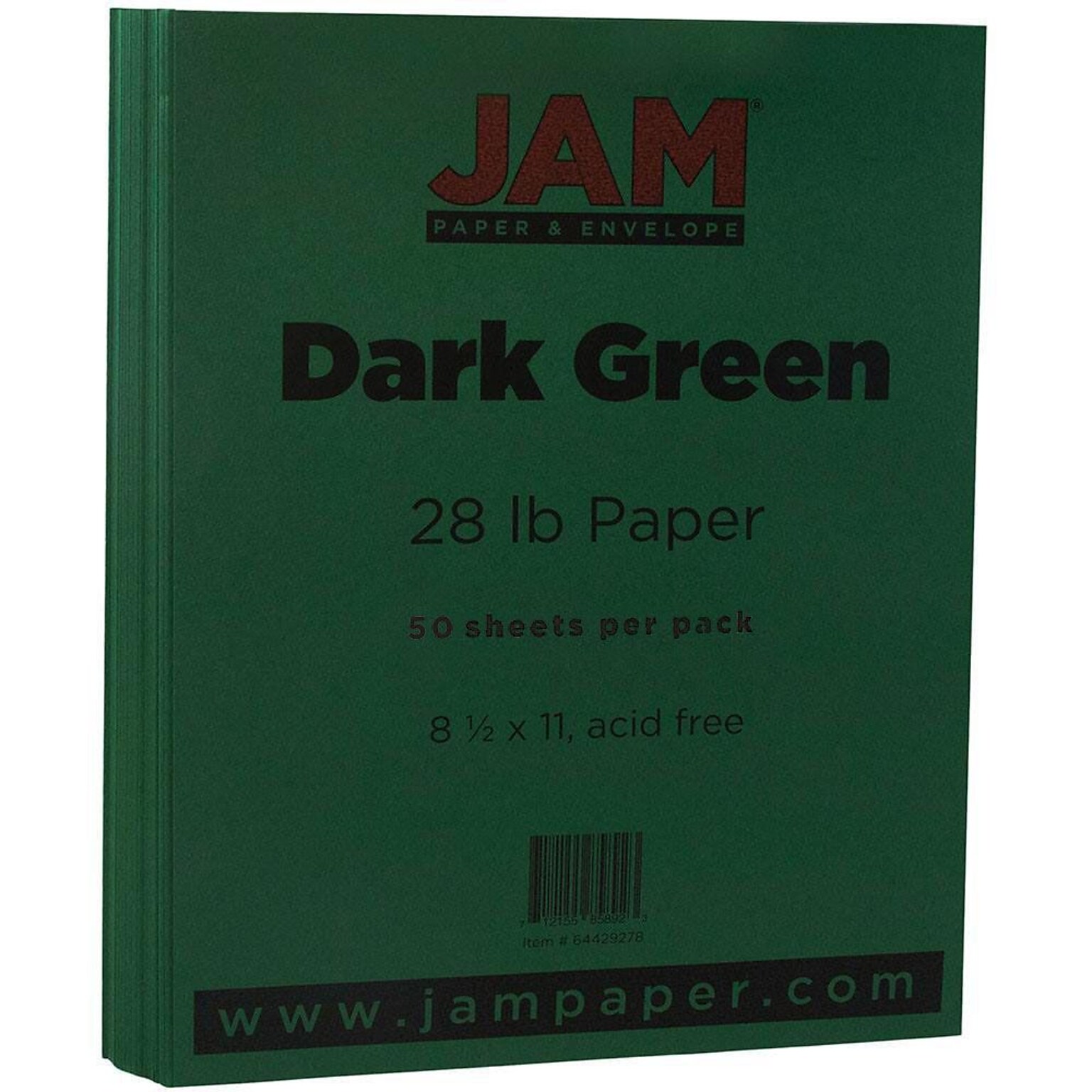 JAM Paper Matte Colored 8.5 x 11 Paper, 28 lbs., Dark Green, 50 Sheets/Pack (64429278)