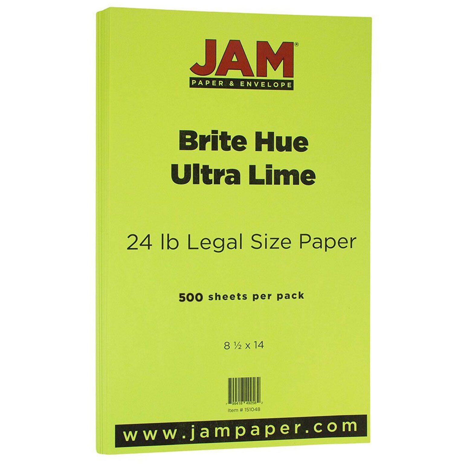 JAM Paper Smooth Colored 8.5 x 14 Copy Paper, 24 lbs., Ultra Lime Green, 500 Sheets/Ream (0151048B)