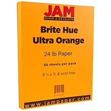 JAM Paper Smooth Colored Paper, 24 lbs., 8.5 x 11, Ultra Orange, 50 Sheets/Pack (102558A)