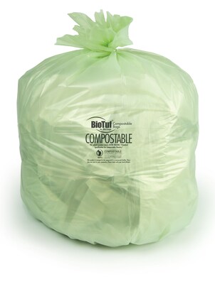 BioTuf 30 Gallon Compostable Industrial Trash Bag, 28 x 45, Low Density, 1 Mil, Light Green, 5 Rol