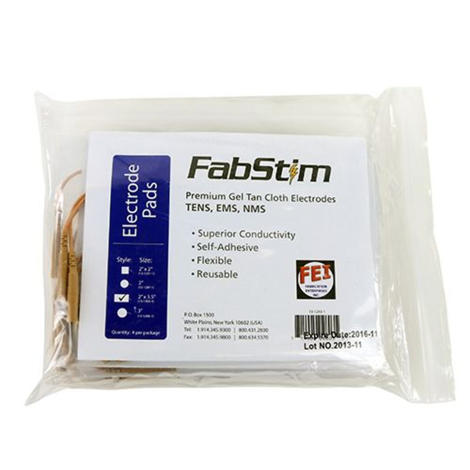 FabStim TENS Electrodes, 2 x 3.5 Rectangle, Pre-Gelled, Self-Adhesive, 40/Pack (13-1293-10)