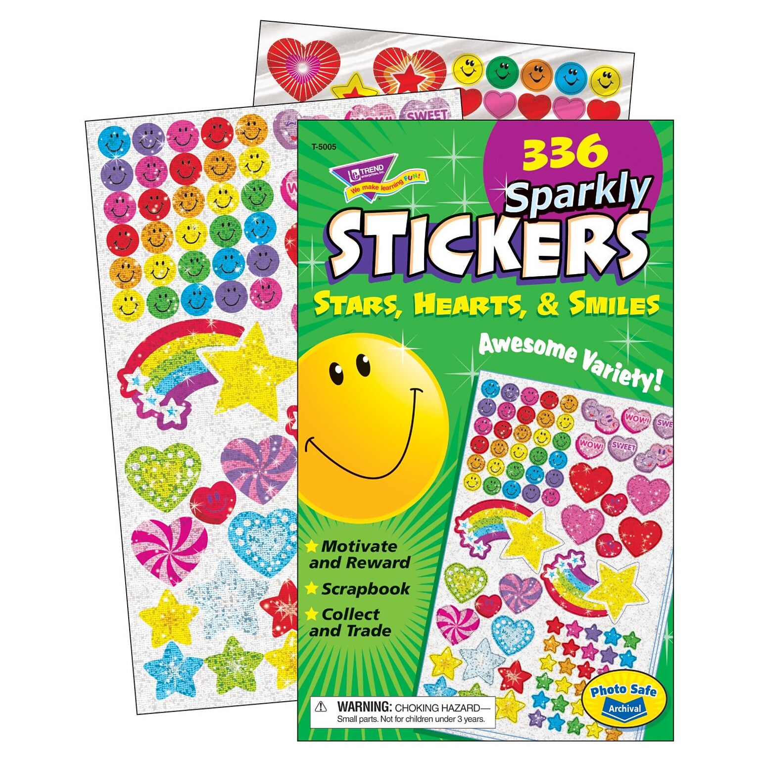 Trend Sparkly Stars, Hearts, & Smiles Sticker Pad, 336 CT (T-5005)