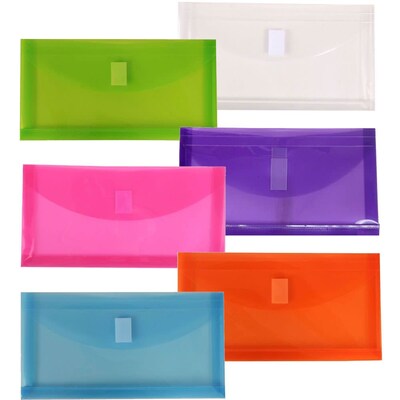 JAM Paper® Plastic Envelopes with VELCRO®brandClosure, 1" Expansion, #10, 5.25" x 10", Assorted Poly, 6/Pack (921V1assrt)