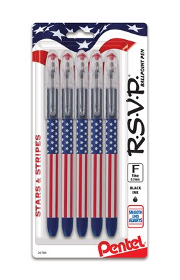 Pentel Stars & Stripes Edition RSVP Ballpoint Pens,Black Ink, 5/Pack (BK90USABP5A)