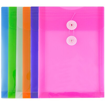 JAM Paper® Plastic Envelopes with Button and String Tie Closure, Open End, 6.25x9.25, Assorted Poly