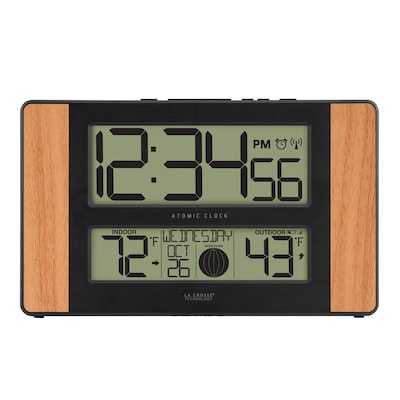 La Crosse Technology Atomic Digital Clock with Temperature and Moon Phase, Oak finish (513-1417)