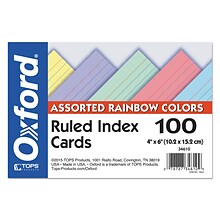 Oxford Oxford Lined Index Cards, 4 x 6, Assorted Colors, 100 Cards/Pack (34610)