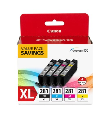 Canon 281XL Black/Cyan/Magenta/Yellow High Yield Ink Cartridge,  4/Pack (2037C005)