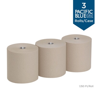 Pacific Blue Ultra 8” High-Capacity Recycled Paper Towel Roll by GP PRO, 1-Ply, Brown, 1150’/Roll, 3 Rolls/Carton (26496)