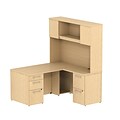 Bush Business Furniture Emerge 60W x 30D L Shaped Desk w/ Hutch and 2 Pedestals, Natural Maple (300S052AC)