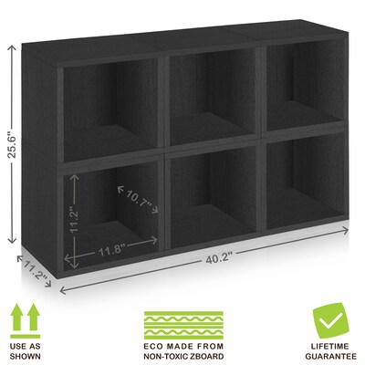 Way Basics 25.6"H x 40.2"W 6 Stackable Modular Modern Eco Storage Cube System Cubby Organizer, Black Wood Grain (PS-MC-6-BK)