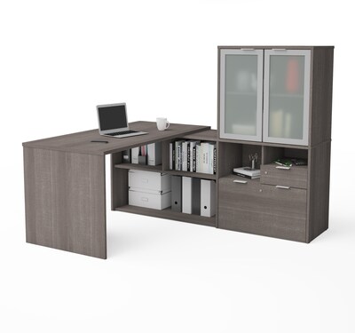 Bestar I3 Plus L-Desk with Frosted Glass Door Hutch in Bark Gray (160851-47)