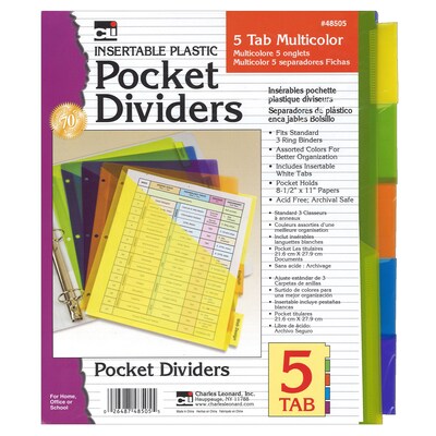 Charles Leonard Dividers Plastic, Multicolor, 8 1/2 x 11 One Pocket, 6 Count of  5 Dividers Per Ord
