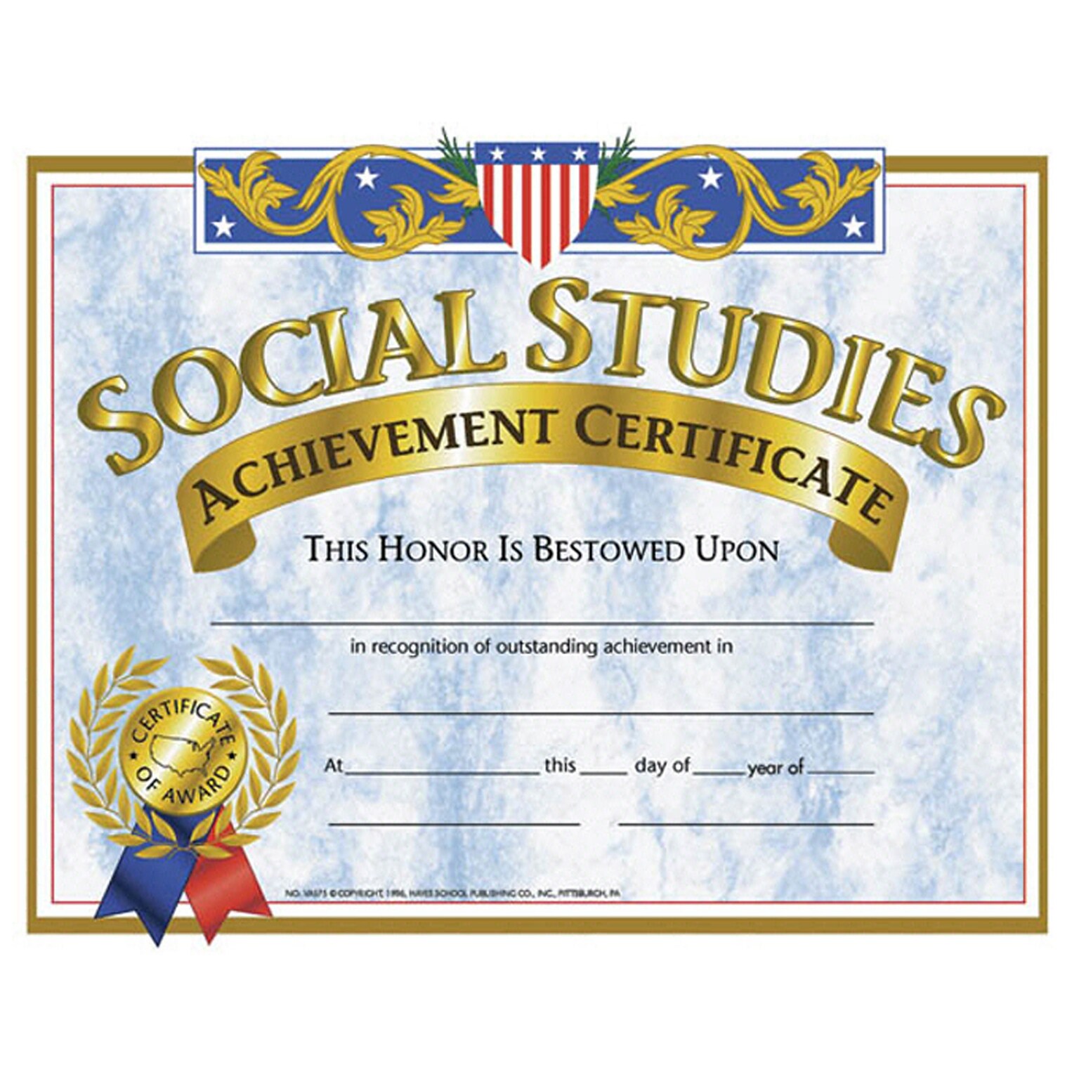 Hayes Social Studies Achievement Certificate, 8.5 x 11, Pack of 30 (H-VA575)