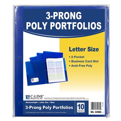 C-Line, Blue Two Pocket Poly Portfolios With 3 Prongs Pack of 10, 8.5" x 11" paper size (CLI32965)