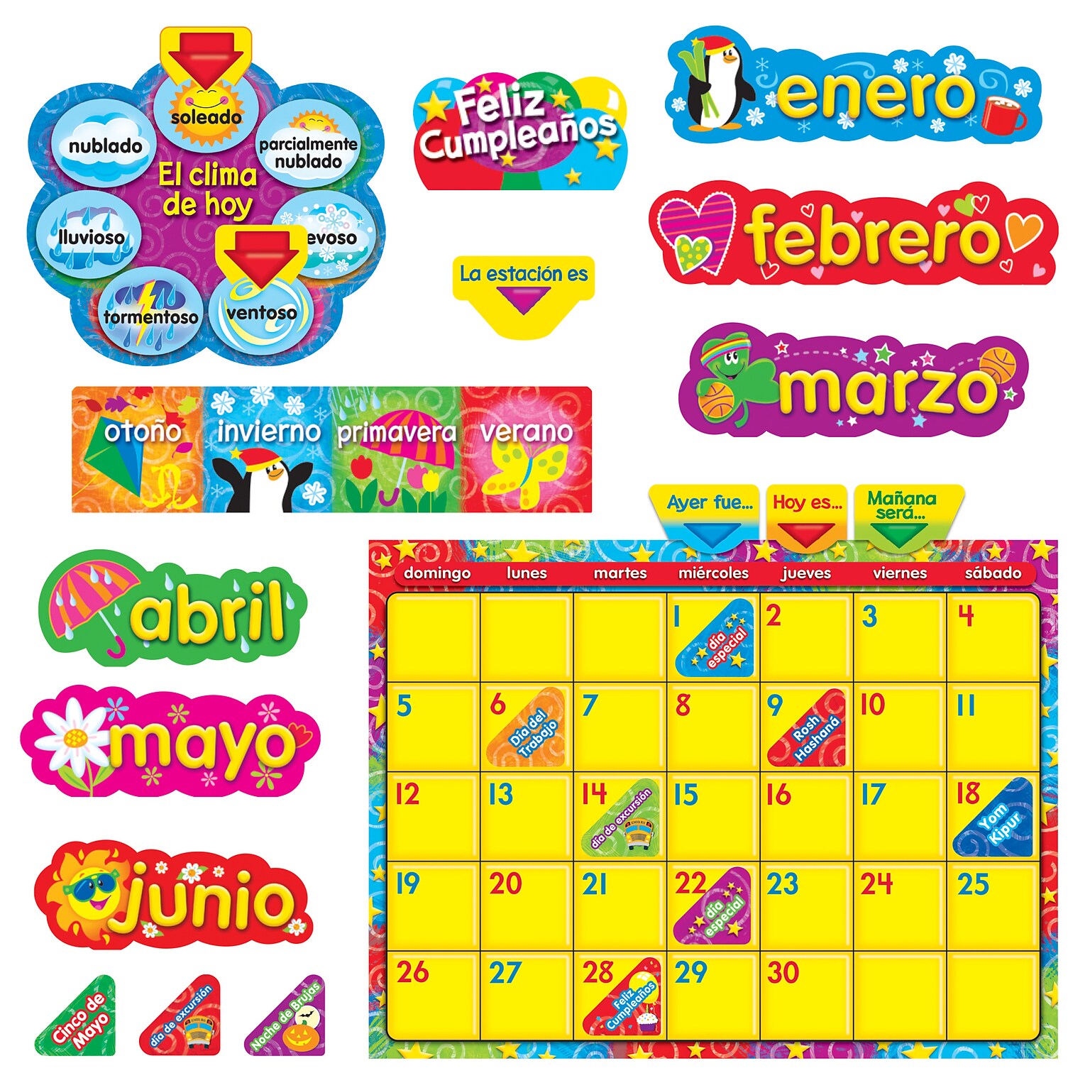 Trend Bulletin Board Set, Wipe-Off Stars n Swirls Calendar (Spanish)